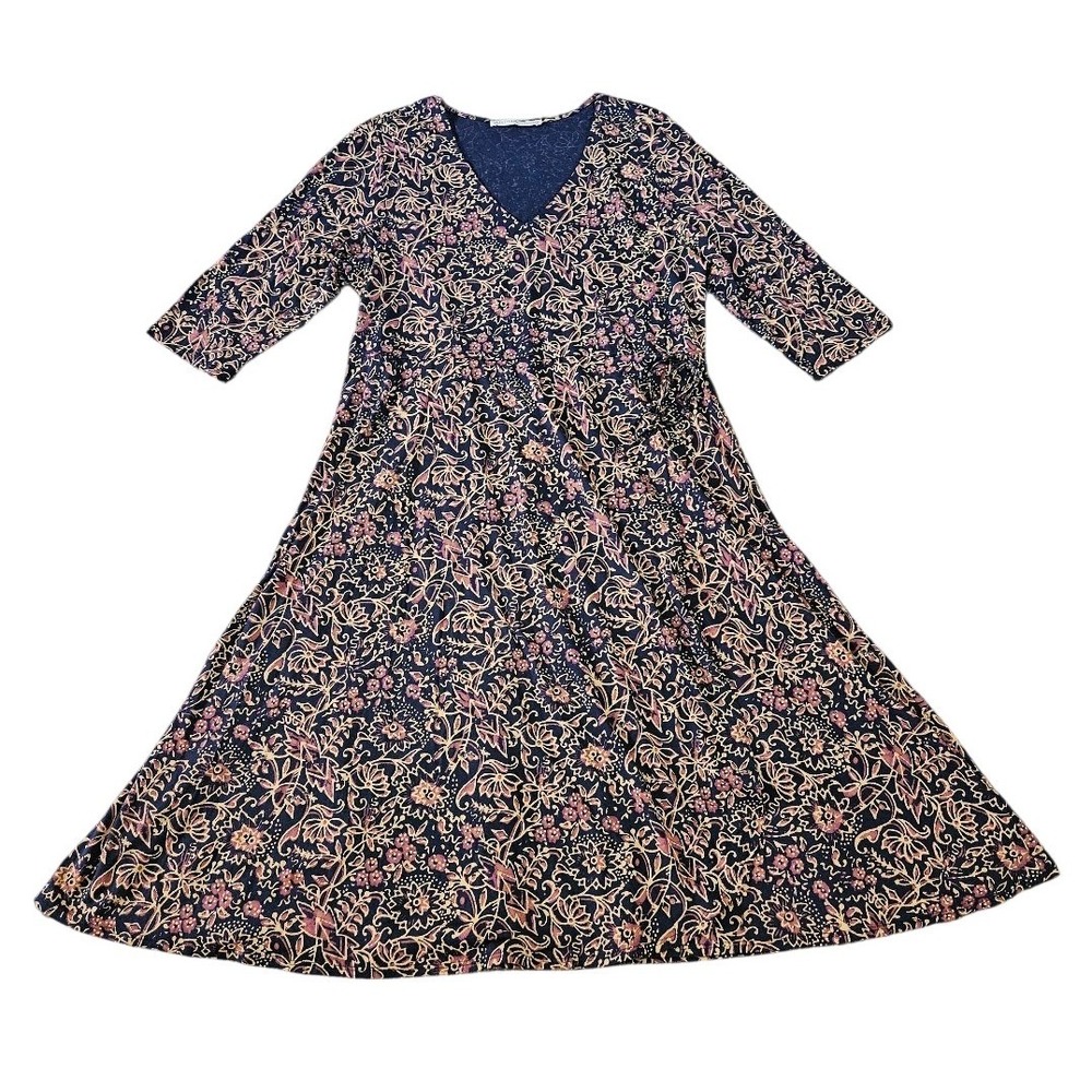 Peruvian Connection Wrap Midi Dress XL Blue Multicolor Floral Pima Cotton Modal